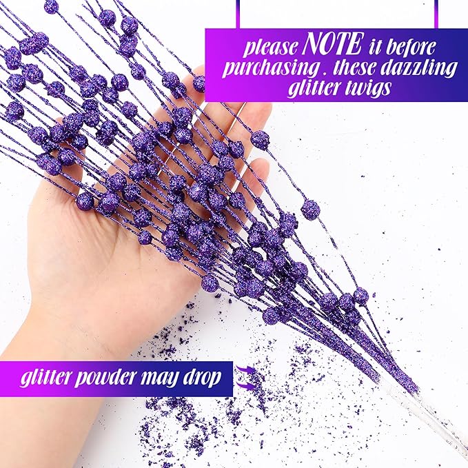 Geosar 30 Pcs Christmas Artificial Glitter Berry Stem Decorations 17 Inch Faux Stick Floral Pick Centerpiece Bouquet Flower Bead Twigs for Centerpiece Tree Wreath Xmas Ornaments Home(Purple)