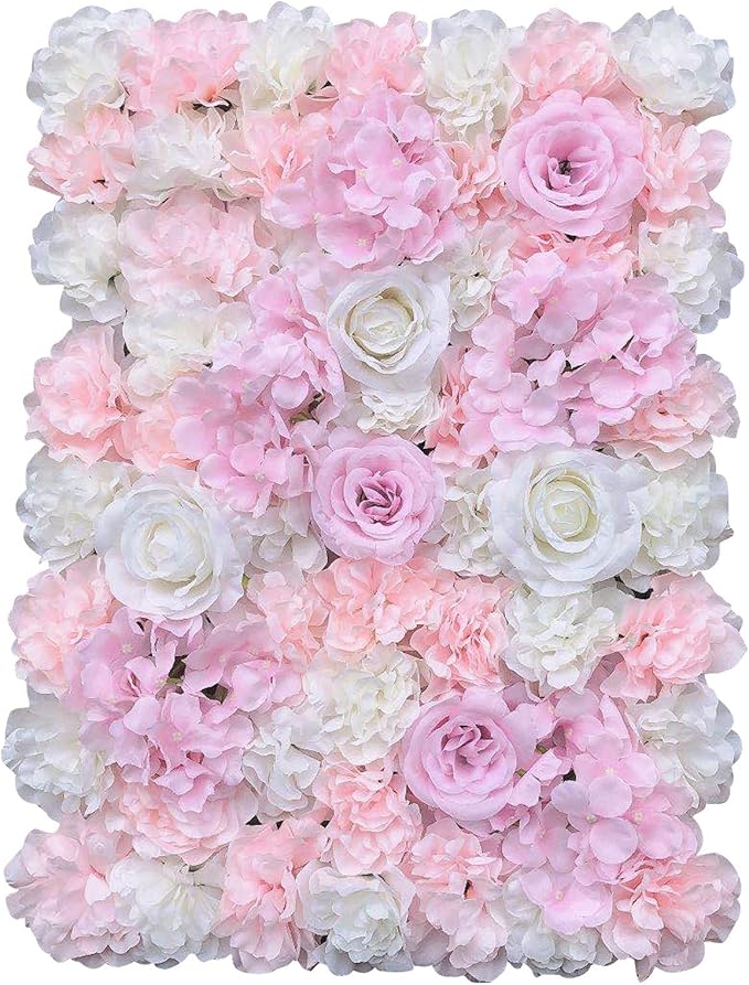 16"x 24" Artificial Flower Wall Panels,Flower Wall Mat Silk Flower Panels for Outdoor Garden Backyard Fence Fence Privacy Screen and Indoor Wall Decor (12Pcs Light Pink+White)