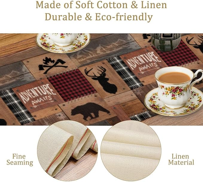 Rustic Cabin Moose Deer Bear Table Runner, Retro Bear Cottage Country Style Cabin Farmhouse Dinner Runner for Home Kitchen Dining Table Decoration 13"x60"