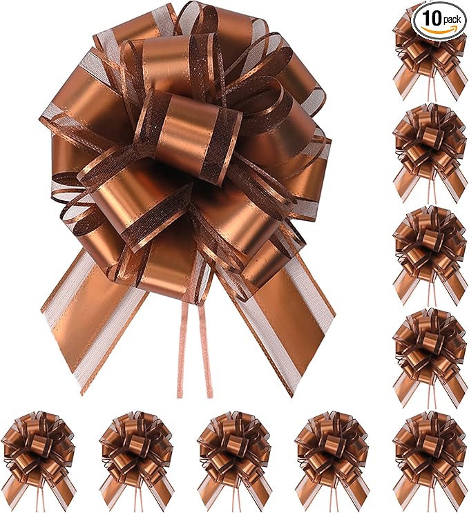 10-Pack Espresso Brown Pull Bows for Gift Wrapping - 6 Inch Reusable Ribbon Bows, Large Instant Floral Decor Bows for Wedding, Christmas, Birthday Decor, Gift Basket & Party Decorations