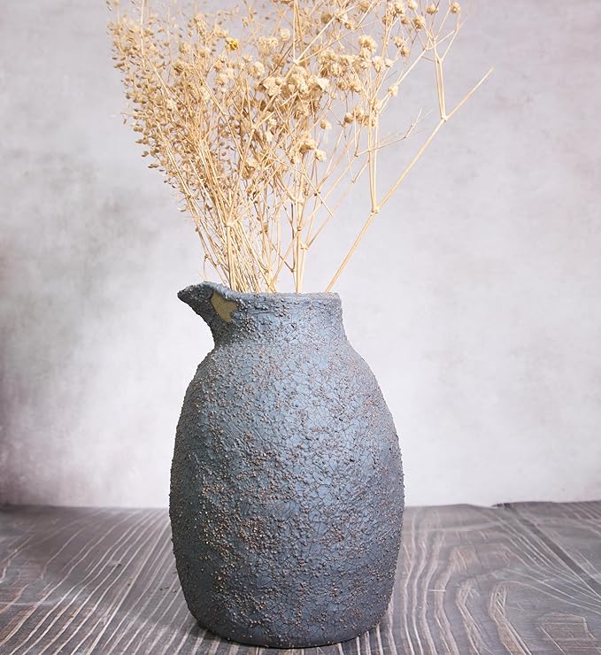 7IN Rustic Ceramic Vase Vintage Farmhouse Style Decor, Kettle Clay Wabi Sabi Vases for Farmhouse Home Decor, Decor Living Room, Table, Shelf(Black)
