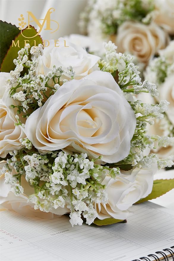 Meldel 2 x Artificial Silk Rose Bridesmaid Bouquets, 6.5'' Wide x 9.5'' Tall, Rustic Wedding Decor, Milk White, Set of 1, Ready to Use