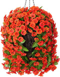 HyeFlora Artificial Fake Hanging Flowers Plants Baskets for Outdoor Decoration, Faux Silk Orange Morning Glory in Planter UV Resistant Look Real for Home Porch Patio Balcony Yard Decor