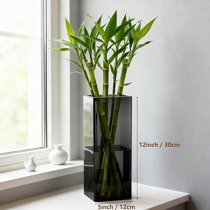 Acrylic Square Flower Vase, Non-breakable Vase, 5" x 5" x 12" Tall Grey Vases for Flower, Large Cube Floral Plant Container, Planter Terrarium for Wedding Party Event, Home Office Decor