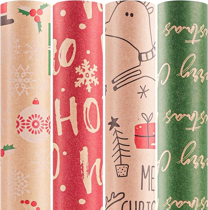 Happypapa Christmas Wrapping Paper, Kraft Xmas Wrapping Paper Rolls - Santa Claus, Gift, Reindeer and Merry Christmas Pattern - 4 Rolls - 17 Inch × 120 Inch Per Roll