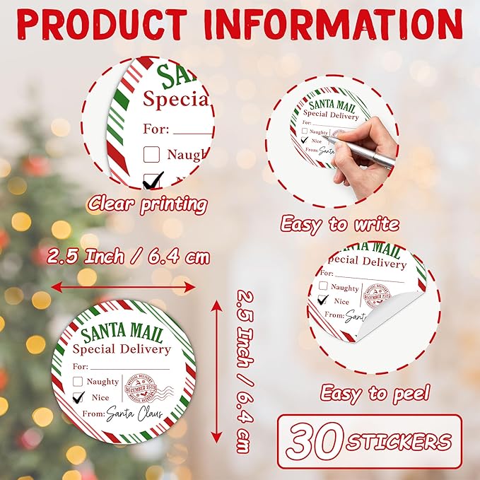 Christmas Gifts Tags Stickers from Santa, 30 Pcs Christmas Name Tags for Gifts, 2.5x2.5 Inch Holiday Presents Sticker Labels, Festive Chrismas Name Tag for Gift Wrapping Bags Classroom-D07