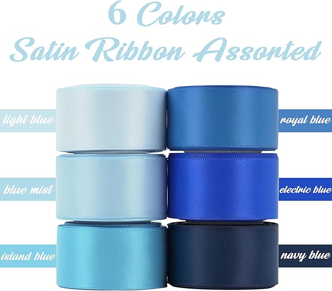 Huihuang Satin Ribbon for Gift Wrapping, Baby & Light Blue/Navy Blue Ribbon for Gift Wrap, DIY Crafts, Baby Shower Decor - 6 Colors x 5 Yards Each