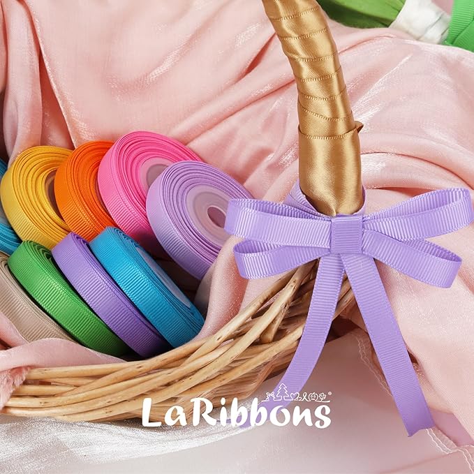 LaRibbons 3/8 Inch 100 Yards Grosgrain Ribbon Set 10 Yd/Roll 10 Rolls Spring Easter Craft Ribbon for Gift Wrapping Floral Bouquets Wedding Party Decoration