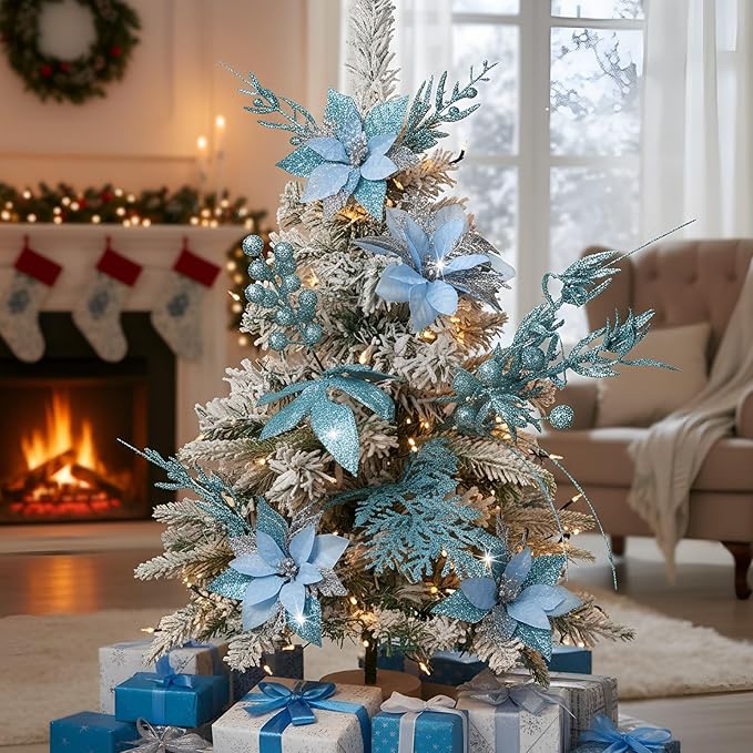 60 Pcs Christmas Glitter Branches 6 Styles Artificial Christmas Picks Berries Stems Poinsettia Flowers Pine Needles Floral Twig Spray for Xmas Tree Ornaments DIY Wreath Garland(Light Blue)