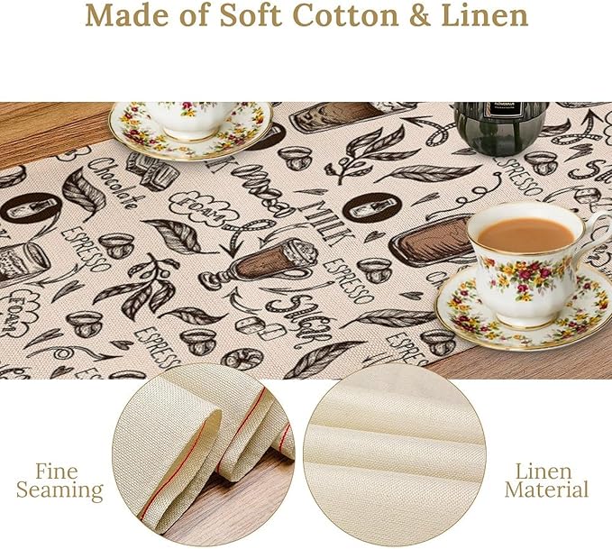 Coffee Theme Table Runner Coffee Time Espresso Seasonal Dinner Runner for Retro Farmhouse Kitchen Dining Coffee Table Decoration Cabin Home Holiday Party 13x120in