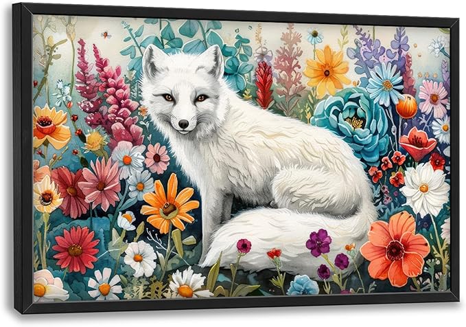 Framed Large Pictures Wall Art for Living Room, White Fox Oversized Wall Decor Animal Floral Canvas Print Painting Modern Extra Large Framed Artwork for Bedroom Office 36"x24"