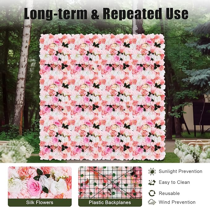 12pcs 24" x 16" Artificial Flower Wall Panel Background,3D Pink White Dahlia Silk Rose with Leaves Flowers Wall Backdrop for Wedding Party Event Photo Backdrop Wall Decor (Type 3)