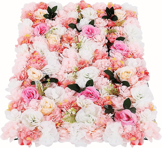 12 Pcs White Flower Wall Flowers Backdrop Artificial Flower for Backdrop Flowers Decoration 3D Floral Panels for Wall Decor Home Party Wedding Room Decoration (60x40cm/White+ Pink+Green)