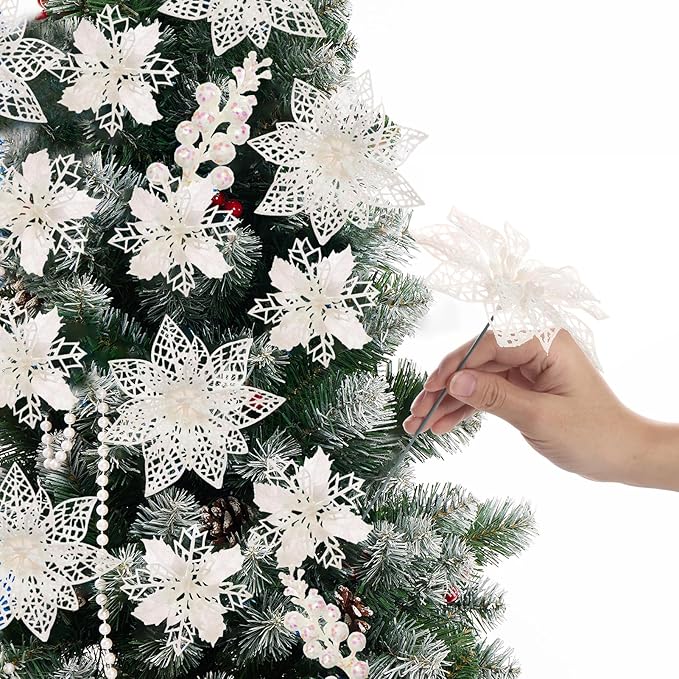 22Pcs Christmas Poinsettia Artificial Flowers and Glitter Berries Stems Kit, 16Pcs Glitter Christmas Tree Flowers Ornaments and 6 Pack Christmas Tree Picks for Wedding Xmas Holiday Decorations(White)
