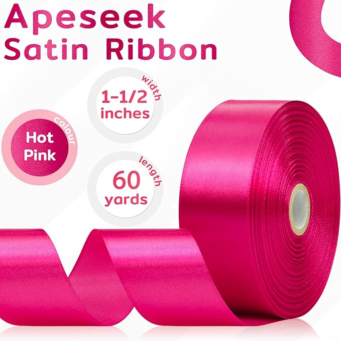 60 Yards Hot Pink Satin Ribbon 1-1/2 Inch, Solid Polyester Fabric Ribbon for Gift Wrapping, Crafts, Flower Bouquet, Wedding, Baby Shower, Festival, Christmas, Halloween