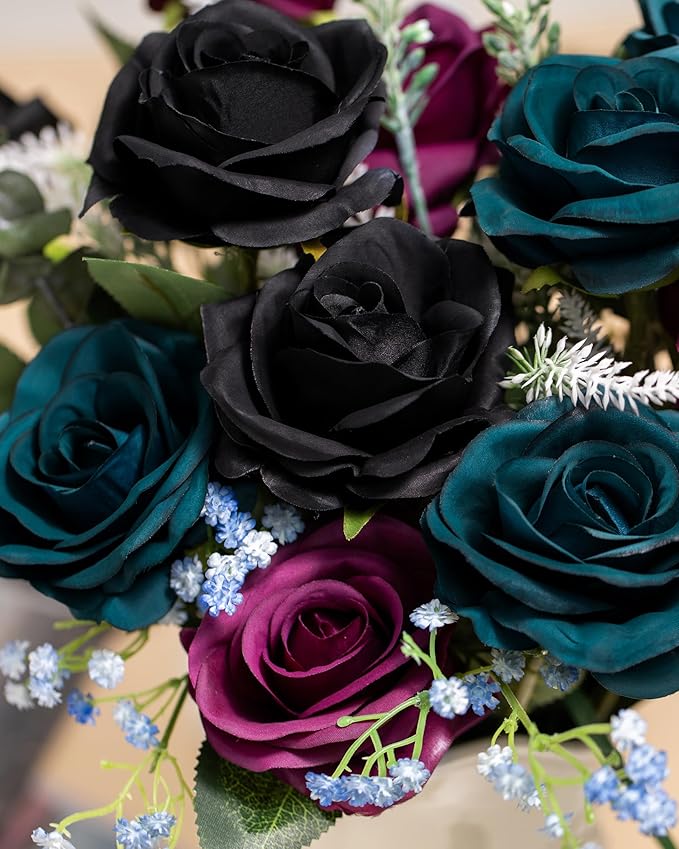 DuHouse 10pcs Fake Black Roses Artificial Silk Flowers Faux Rose Flower Long Stems Bouquet for Arrangement Wedding Centerpiece Party Home Kitchen Decor (Black)