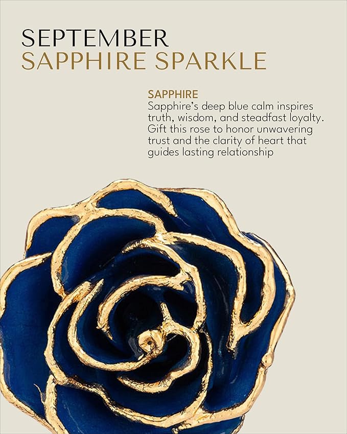 Forever Rose Hand-Dipped in 24K Gold, Sapphire-Inspired September Birthstone with Sparkles, Real Rose in Luxury Gold Gift Box – Perfect Ready to Gift for September Birthday or Any Occasion