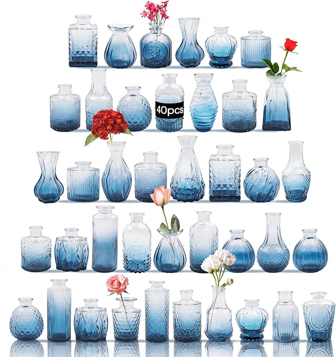 Glass Bud Vases Set of 40 PCS, Small Flower Vases for Wedding Centerpiece Table Decoration, Vintage Vase in Bulk for Flower Arrangements, Mini Vase for Birthday Party, Festival Home Decor, Blue
