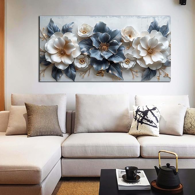 Blue and White Flower Pictures for Living Room Teen Bedroom Decor for Girls Wall Art for Women Office Decor Size 24" x 48"