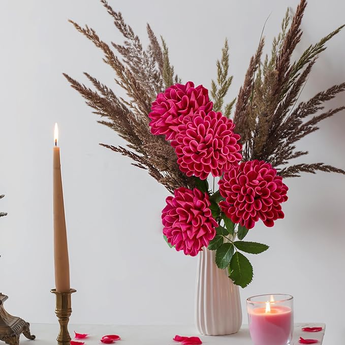 Artificial Flowers, 50pcs Artificial Rose for DIY Wedding Bouquets Centerpieces Arrangements, Hot Pink Dahlia Flowers with Stems for Bridal Shower Party Decoration