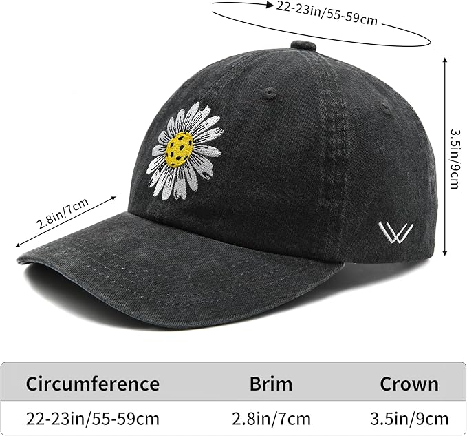 Waldeal Pickleball Hat for Women, Ajustable Embroidered Daisy Washed Denim Baseball Cap