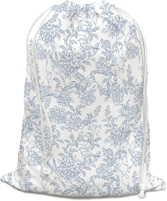 DSHFG Light Blue Toile Chinoiserie Floral Birthday Drawstring Gift Wrap Bags, Chinoiserie Baby Shower Drawstring Gift Bags Canvas, Small Happy Birthday Bag, Gifts for Women, 10x13 Inch