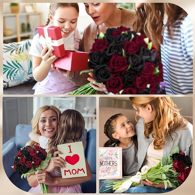 80 Pcs Roses Artificial Flowers, Silk Black & Red Artificial Flowers Petals Long Stem Roses for Wedding Bouquet Home Party Decor