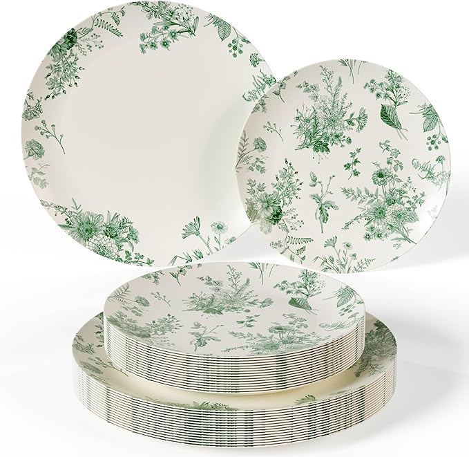Trendables Plastic Disposable Plates Set I 8 Inch Dessert Plates & 10 Inch Wedding Party Plates | Ivory & Green Verdure Design (40)