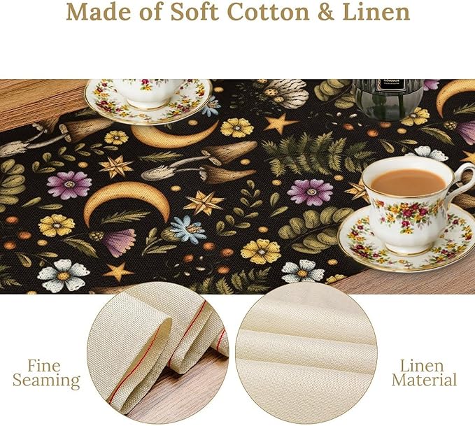 Vintage Mushroom Table Runner, Rustic Botanical Flowers Fern Moon Star Print Table Runner for Home Kitchen Dining Table Decoration Indoor Outdoor Party, 13x120inch