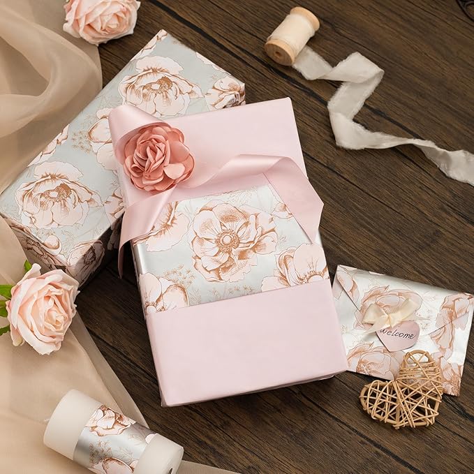 MAYPLUSS Floral Gift Wrapping Paper Roll - 17Inch x 33Feet - Luxury Elegant Shabby Chic Rose Pattern Girl Gift Wrap Present Sheet for Wedding, Bridal Shower, Birthday, Engagement and Mother's Day