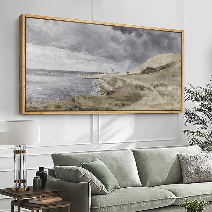 SIGNFORD Extra Large Framed Canvas Print Wall Art Coastal Dunes Landscape Serene Seaside Illustrations Modern Art Relax/Calm Warm for Living Room, Bedroom, Office - 60"x30"