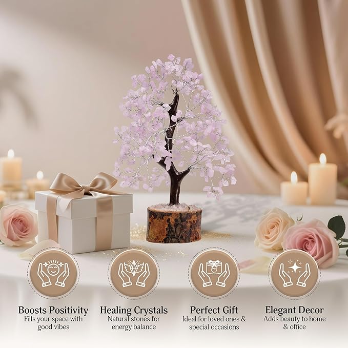 FASHIONZAADI Rose Quartz Crystal Tree of Life for Women Office Decor, Good Luck, Money, Meditation, Positivity, Handmade Healing Crystal Stones Bonsai Tree Spiritual Birthday Gifts for Women