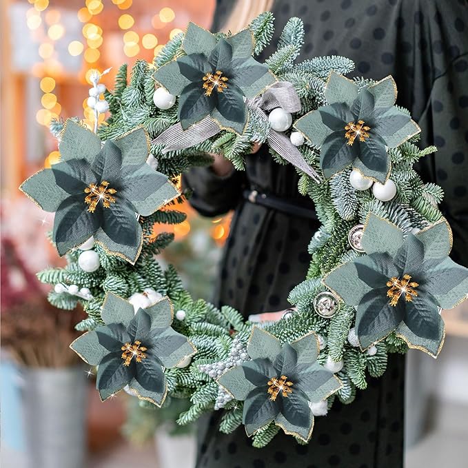 WILLBOND 24 Pcs 3 Size Poinsettia Flower Artificial Christmas Decor Glitter Poinsettia Christmas Ornaments Faux Flowers for Xmas Tree Outdoor(3.2/4/6 Inches,Black Green)