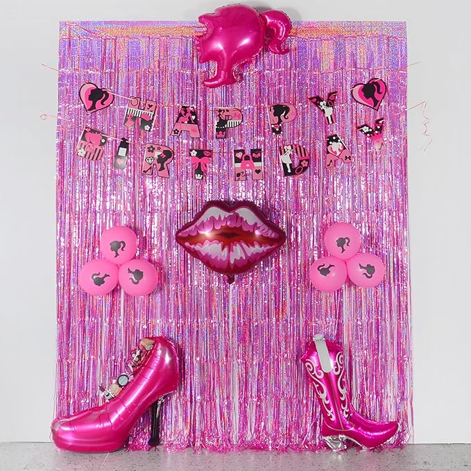 Melsan 3 Pack 3.2 x 8.2 ft Foil Fringe Curtains - Pink Tinsel Curtain Girl Birthday Decorations Photo Backdrop for Party Decoration Engagement or Bachelorette Party Supplies