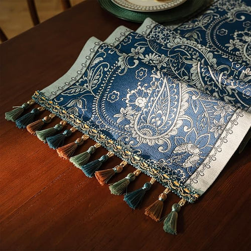 13×72 Inch Table Runner, Retro-Luxury Tassels Series for Kitchen Dining Table Holiday Decoration (Blue Pheonix)