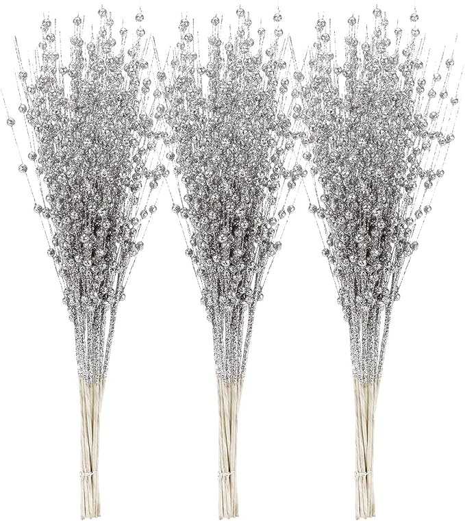 Sea Team 24-Pack Artificial Glitter Berry Stem Ornaments, Decorative Bead Sticks, Glittery Twigs, Picks, Branches for Christmas Tree, Small Vase, Holiday, Wedding, Party (17 Inches, Silver)