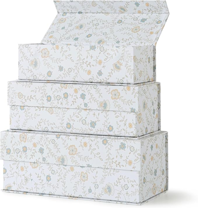 Soul & Lane Decorative Storage Boxes with Lids, Set of 3 Memory Keepsake Boxes with Magnetic Closure, Cardboard Storage for Photos, Documents, Gifts, Home Decor, Ivory Lace