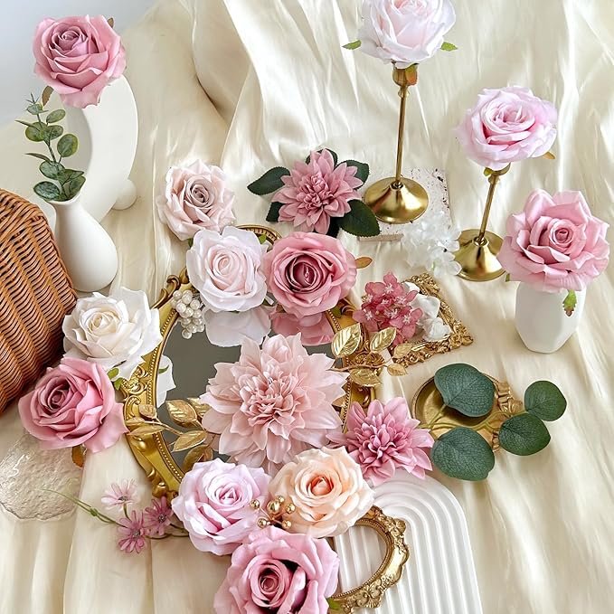 Silk Artificial Flowers Combo Box Set Dusty Pink Roses Gold Flowers Blush Pink Bridal Wedding Bouquets Cake DIY Fake Floral with Stems Arrangements Baby Shower Party Table Centerpieces Home Decor