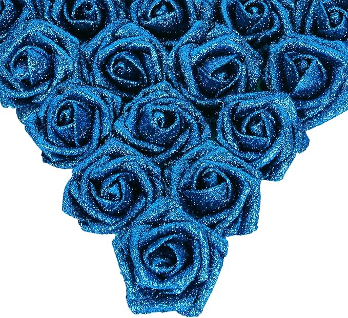 IPOPU Fake Roses,25PCS Blue Roses Glitter Roses Artificial Roses with Stems for Cake Wedding Bouquet Home Party Decoration(Blue)