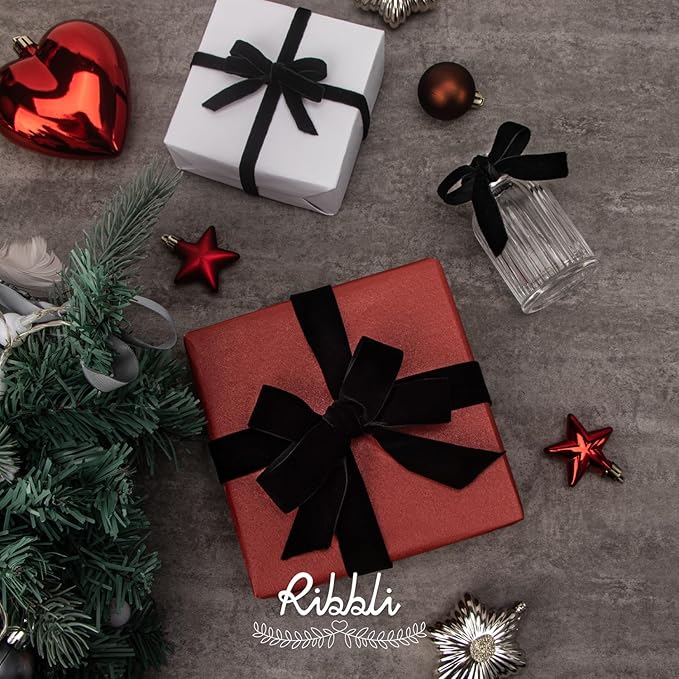 Ribbli Black Velvet Ribbon 3/8 Inches Continuous 25 Yard Spool Black Christmas Ribbon for Gift Wrapping Crafts Home Decor