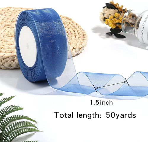 1.5 inch Sheer Organza Ribbon Blue Chiffon Ribbon for Gift Wrapping Christmas Halloween Decoration Wedding Bouquet Crafts 50 Yards