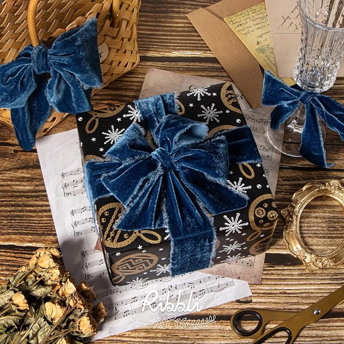 Ribbli Ocean Blue Velvet Ribbon 3 Inch Handmade Frayed Vintage Christmas Ribbon for Gift Wrapping Christmas Tree Ornament Wreath Craft Home Decor -3 Yards