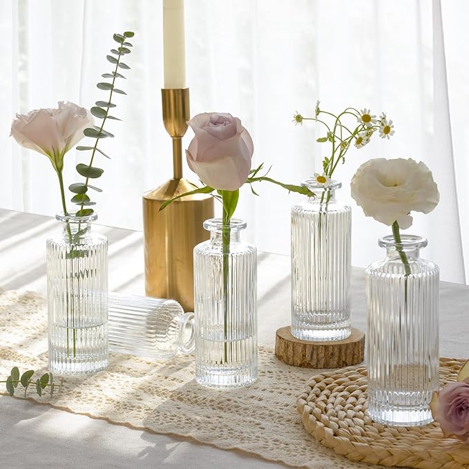 ComSaf Small Vases for Flowers Mini Clear Glass Bud Vases in Bulk, 5.2 inch Tall Mini Flower Vase, Vases for Centerpiece, Ribbed Vase, Wedding Table Ceterpiece, Home Decor, Housewarming Gift (Clear)