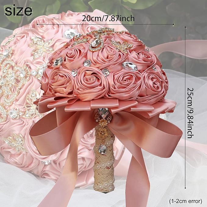 Artificial Everlasting Flower Hand Bouquet for Weddings and Photo Shoots, Crystal Peplum, Pink Rose Satin, Pearl Embellishments, Ribbon to Match, No Watering (Pink)