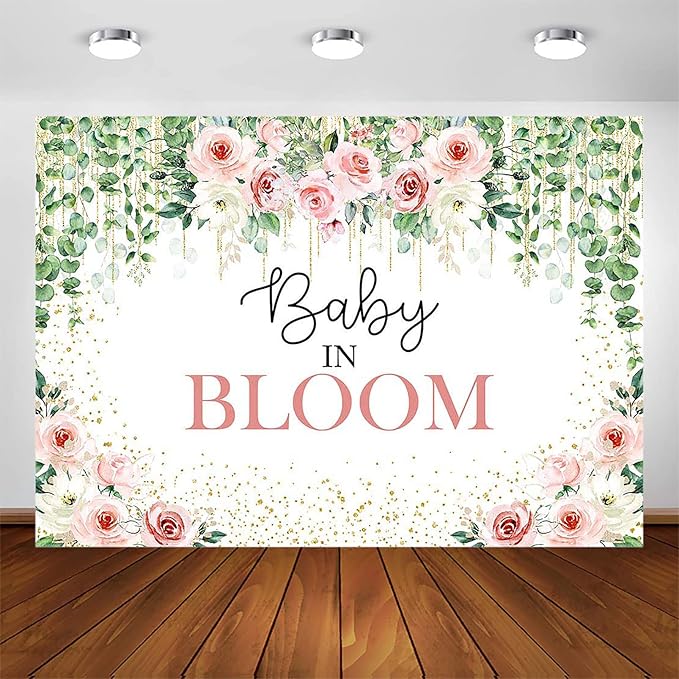 Avezano Baby in Bloom Backdrop Sage Green Leaves with Pink Flowers Baby Shower Party Decorations Baby Girl's Greenery Floral Nature Theme Photography Background Cake Table Banner (8x6ft(96x72in))