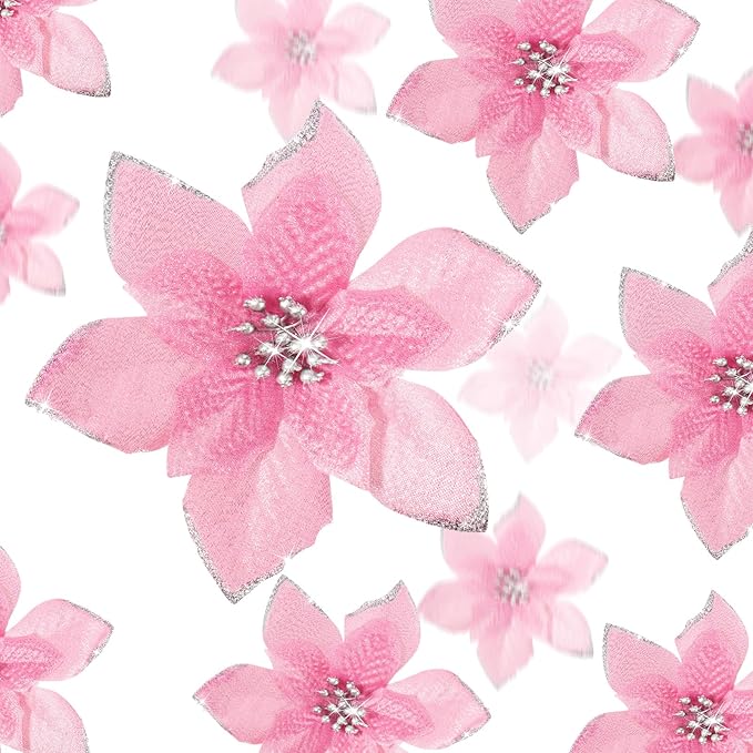 WILLBOND 24 Pcs 3 Size Poinsettia Flower Artificial Christmas Decor Glitter Poinsettia Christmas Ornaments Faux Flowers for Xmas Tree Outdoor(4/6/7.9 Inches,Pink)