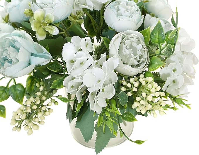 Artificial Flowers Fake Peony Silk Mini Plastic Bridal Flowers for DIY Wedding Bouquets Home Decorations 4 Packs(Light Blue)