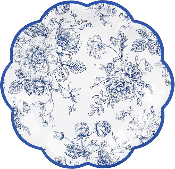 Blue Floral Party Plates - Vintage Leaf Disposable Paper Plates, Wildflower Toile 7" Scalloped Rim Dessert Plates for Christmas, Birthday, Bridal Tea Party Supplies (24 Count)