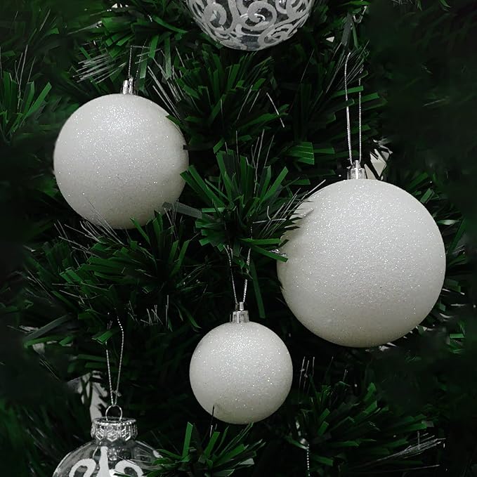 4E's Novelty White Snowball Christmas Ornaments Set of 12 - Large 3.15" Iridescent Shatterproof Glitter Balls for Christmas Tree, Winter Wonderland Decorations