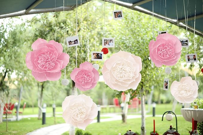 Crepe Paper Flowers Decoration for Wall, Flowers for Wedding Decor,Flower Backdrop Decor,Baby Shower,Birthday Party,Photo Backdrop,Archway Decor, Nursery Wall Decor (White+Pink ;Set/6)